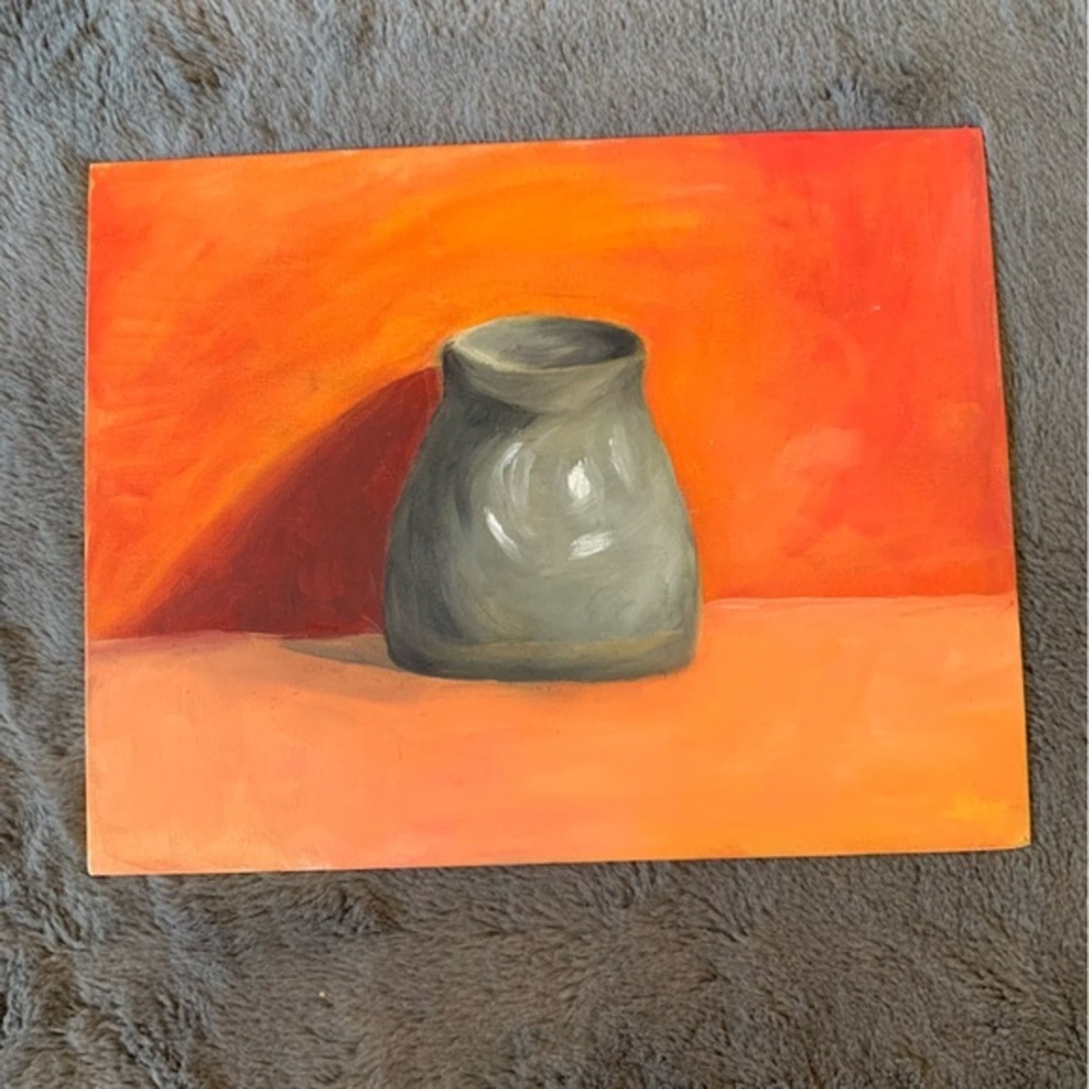 Oil painting - Still life of gray vase against orange cloth